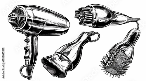 Line art illustration of vintage salon equipment in black and white on a plain background