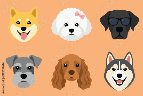 Set of Cute Dog Faces Avatars Including Shiba Inu, Poodle, Labrador, Schnauzer, Spaniel and Husky, Vector Flat Illustration Isolated on Background
