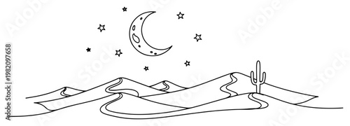 Night desert landscape with moon stars and cactus in continuous line art style