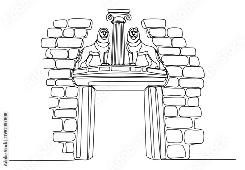 Lion Gate of Mycenae ancient Greek archaeological site line art style