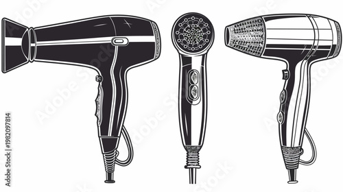 Three graphic hair dryers in black and white line art, each a different style