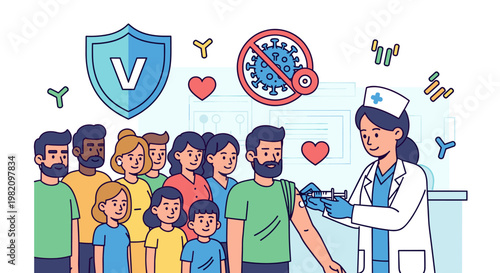 A diverse group of people, including adults and children, receiving vaccinations from a nurse, symbolizing public health and immunity against viruses.