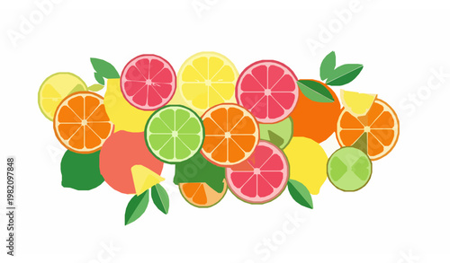 Bold abstract citrus vector illustration with orange lemon lime grapefruit slices in modern geometric design