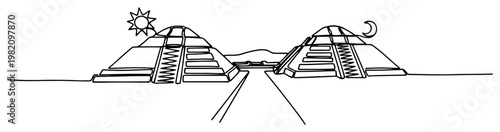 Mayan pyramids in Chichen Itza ancient Mexico heritage line art style
