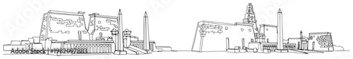 Ancient Egyptian temple ruins with tall obelisks in continuous line drawing style