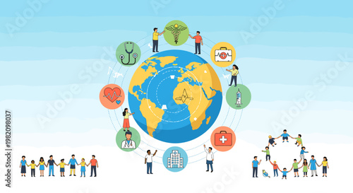 An illustration depicting global health, community support, and worldwide medical care with diverse people and healthcare icons surrounding the Earth.