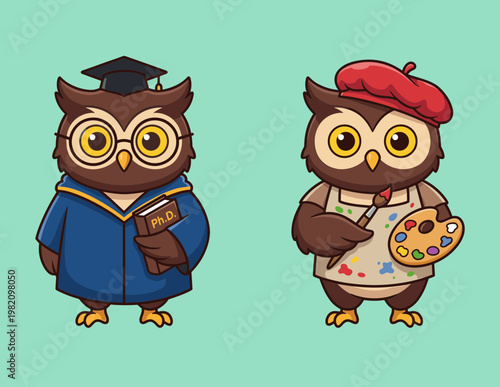 Wise Owl Professional Characters Set with PhD Graduate Scholar Wearing Gown and Cap and Creative Artist Owl Holding Paint Palette and Brush Vector