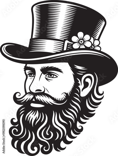 Hipster man with beard and mustache wearing top hat and flower, vintage style illustration