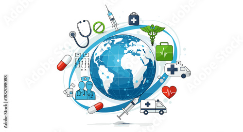 Global healthcare concept with a blue earth surrounded by medical icons like stethoscope, syringe, pills, and ambulance, symbolizing worldwide health services and medical care.