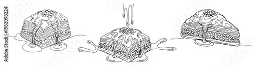 Sweet dessert cakes with dripping syrup and chocolate glaze in minimalist line art style