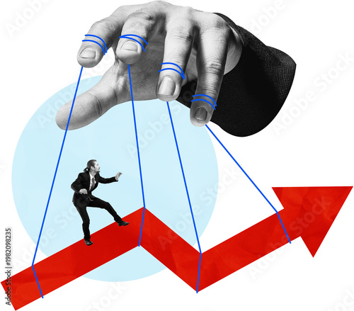 Collage showing a person on a red arrow controlled by a large hand, in mixed graphic style, on white background, concept of manipulation