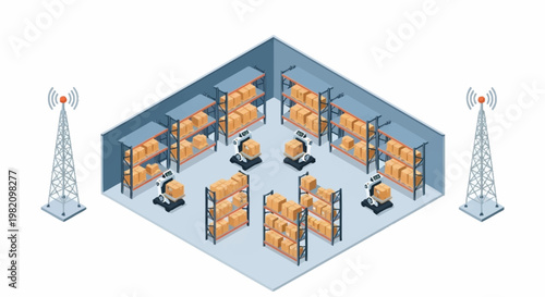 Isometric warehouse with workers and cell towers.