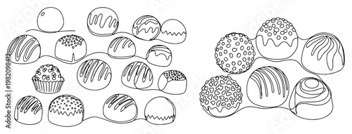 Assortment of gourmet chocolate pralines and candies in continuous line art style