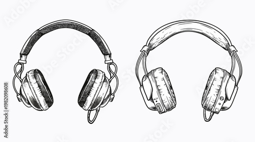 Two sets of headphones in sketched black and white style, isolated on white background