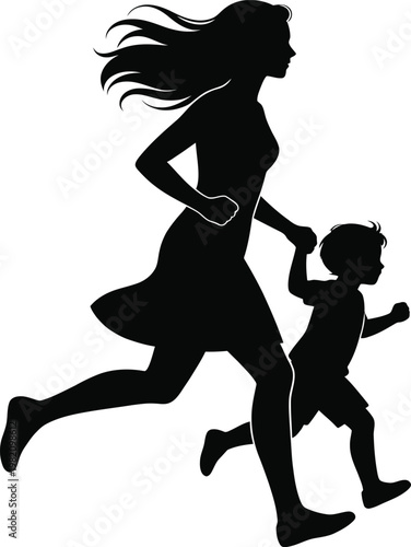 Dynamic silhouette of mother and child running happily holding hands