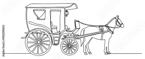 Horse drawn carriage and hansom cab for historical transportation in line art style