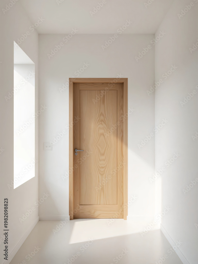Fototapeta premium Minimalist Interior with Arch Windows and Wooden Door in Soft Natural Light