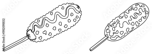 Corn dog street food with mustard drizzle in continuous line art style