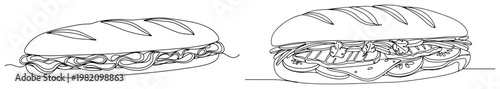 Baguette sandwich sub with fresh ingredients in continuous line art style
