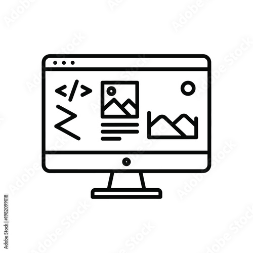 A minimalist line drawing depicts a computer monitor displaying code an image and a graph high quality professional detailed modern