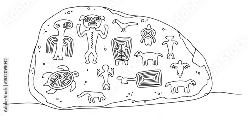 Quadro su tela Prehistoric rock carvings and petroglyphs with primitive symbols in continuous l