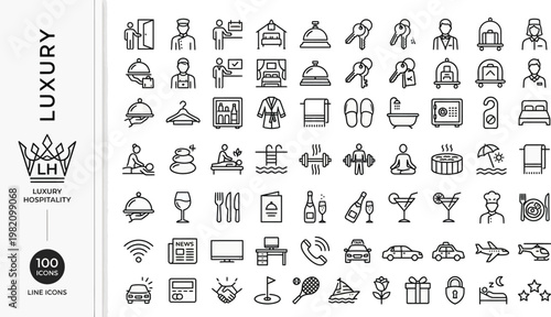 A collection of luxury hospitality icons on a white background AI, eps, png, jpg. transparent background.