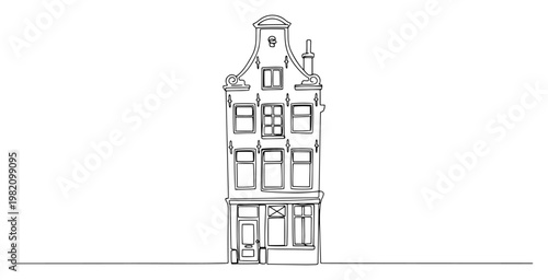 Canvas Print European townhouse or Dutch canal house facade in continuous line art style