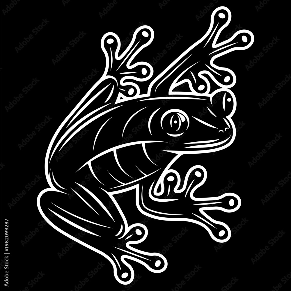 Fototapeta premium Stylized white outline of a tree frog with large eyes and suction-cup toes against a dark background.