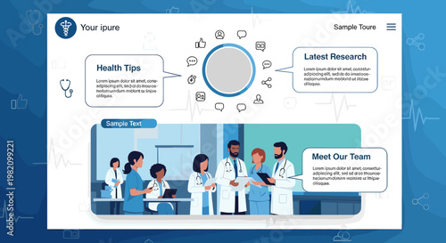 A modern medical website or presentation layout featuring health tips, latest research, and a diverse healthcare team illustration.