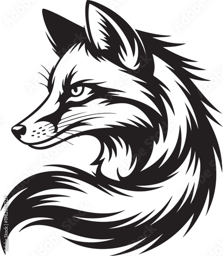 Red fox head profile view with bushy tail black and white vector illustration