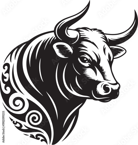 Strong bull head with large horns and decorative tribal patterns black and white vector