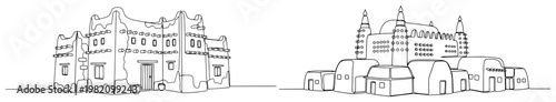 Traditional African mud buildings and adobe architecture in minimalist line art