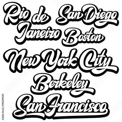 Collection of famous city names including New York City San Francisco and Boston in a playful script font with bold outlines.