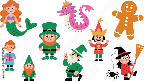 Cartoon collection of whimsy fantasy characters including a mermaid, dragon, leprechaun, witch, and gingerbread man for children's storytelling.