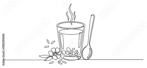 Herbal tea glass with spoon and flower in continuous line art style