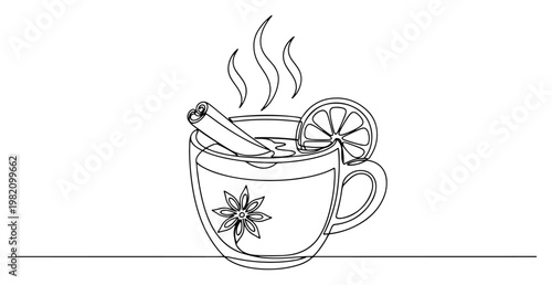 Hot tea mug with cinnamon stick and lemon in continuous line art style