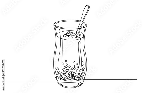 Tall glass of drink with spoon and seeds in continuous line art style