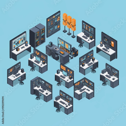 Isometric view of a modern security operations center with multiple workstations and monitors.