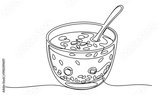 Healthy breakfast bowl with chia pudding or cereal and spoon in minimalist continuous line art style