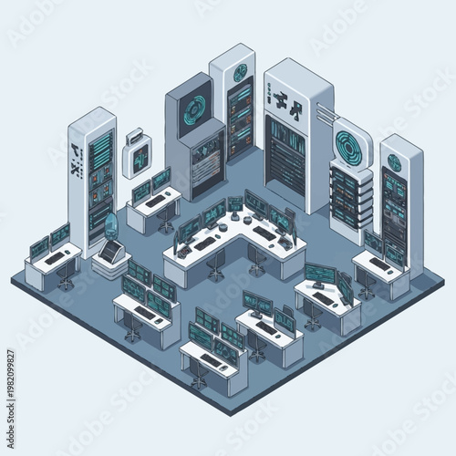Isometric view of a modern data center with multiple computer workstations and server racks.