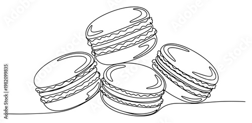 Macarons collection of sweet french almond cookies in continuous line art style