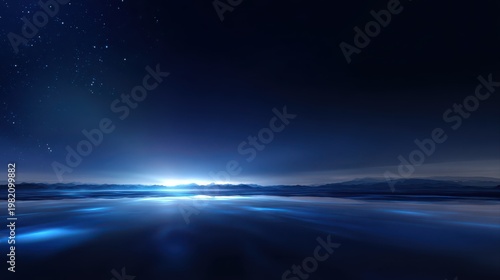 Starry Night Sky Over Calm Ocean With Blue Glow Horizon and Distant Mountains Background