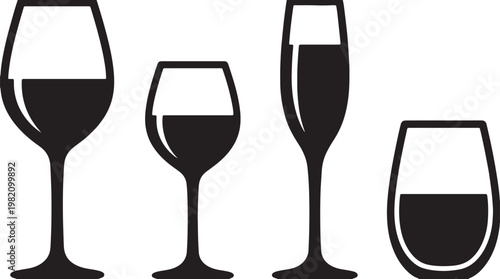 Isolated vector illustration of a sparkling champagne glass and wine bottle for a celebration toast, featuring a sleek black silhouette and crystal reflection on a white background