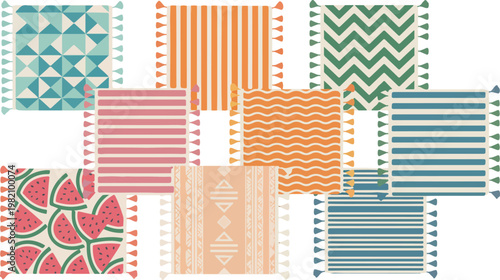 Colorful decorative textile patterns collection with tassels geometric stripes chevron tribal and fruit motifs seamless grid design