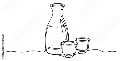 Obraz na płótnie Japanese sake set with ceramic carafe and small drinking cups in minimalist cont
