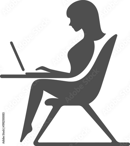 Woman silhouette working at desk on laptop vector illustration