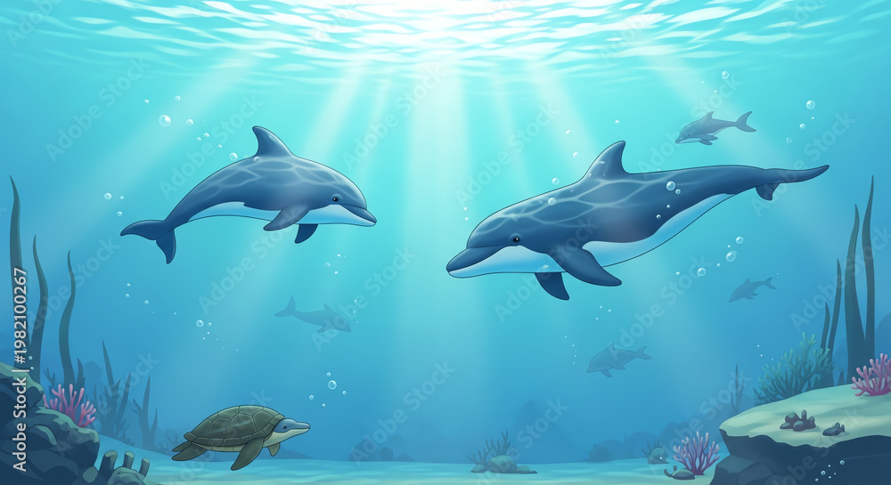 Obraz premium Dolphins Swimming Underwater with Sunlight Rays and Sea Turtle