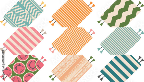 Colorful decorative textile patterns collection with tassels geometric stripes chevron tribal and fruit motifs seamless grid design