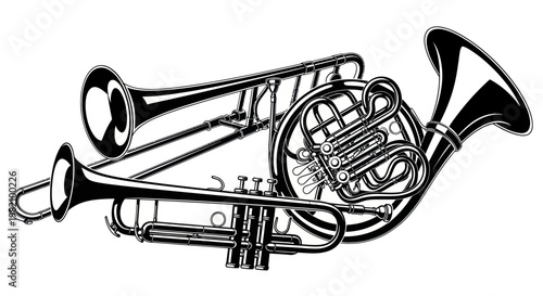 Brass Musical Instruments: Trumpet, Trombone, French Horn - Vector Illustration