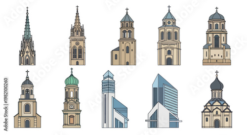 Collection of Diverse Church Architecture Styles, Historic and Modern